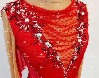 Red figure skating dress, Roller skating dress, Show dance, RG leotard