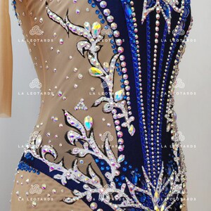 Pu&ograve; includere: Un body blu e bianco con un design floreale e strass. Il body &egrave; realizzato in un tessuto trasparente con una fodera color carne. Il body ha una scollatura rotonda e una schiena che &egrave; tagliata bassa. Il body &egrave; decorato con strass di varie dimensioni e colori. Il body &egrave; perfetto per la ginnastica, la danza o il pattinaggio artistico.