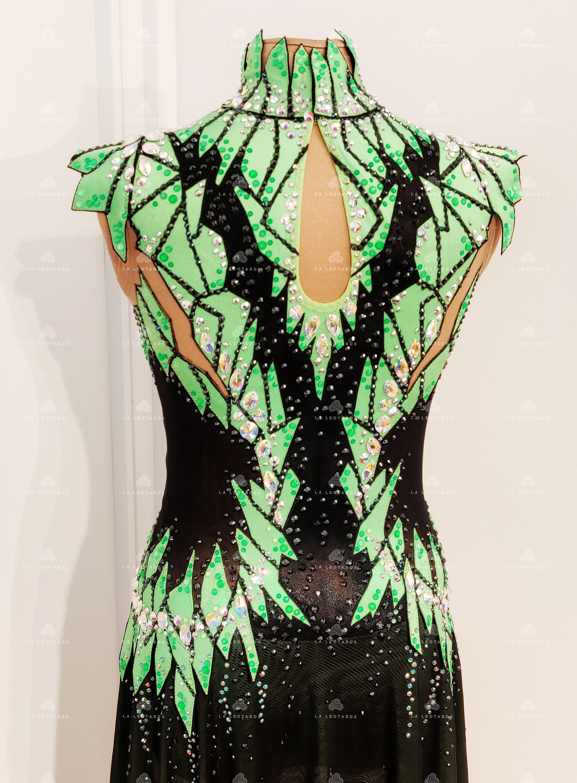 green dance dresses Black & Neon Green Figure Skating Dress: Rhinestone Show Dance Costume