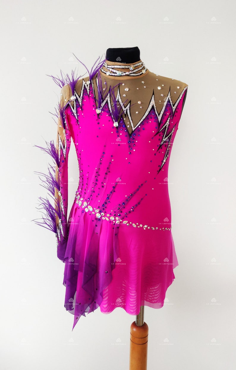 Fuchsia Figure Skating Dress With Feathers, Roller Skate Dress, Show