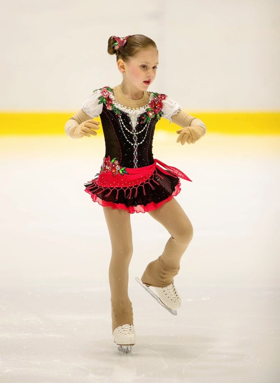 Hand Beaded Ice Skating Costume Black Red Girls Figure Skating Competition Dress – Black & Red With Skirt, Handmade Beaded Leotard For Ice Skating & Gymnastics Gymnastics Leotard With Skirt Performance