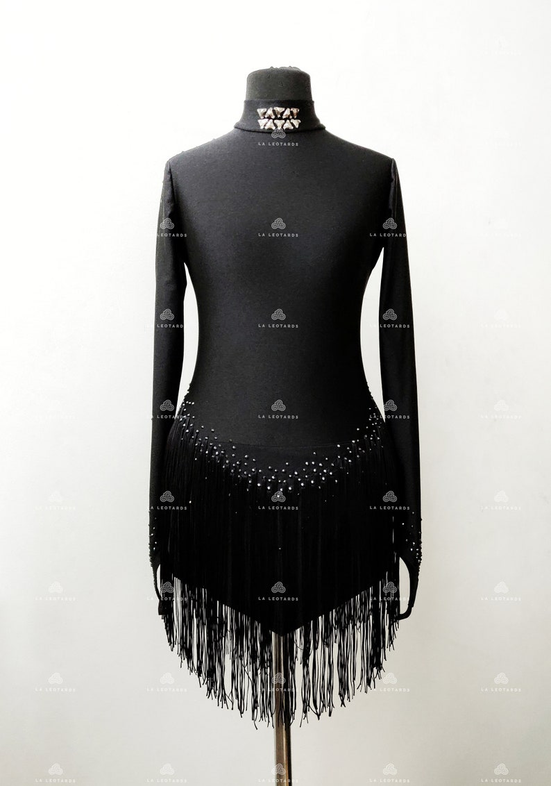 Black Figure Skating Dress, Dance Fringe Dress, Show Dance, Roller