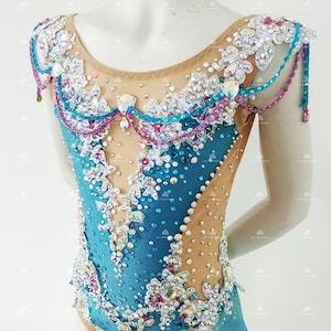 Delicate White lace Blue Rhythmic Gymnastics Leotard, Roller skating dress, Show dance, Twirling, Figure skating dress
