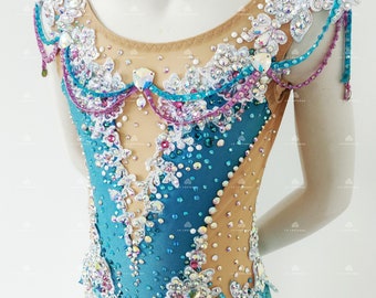 Delicate White lace Blue Rhythmic Gymnastics Leotard, Roller skating dress, Show dance, Twirling, Figure skating dress