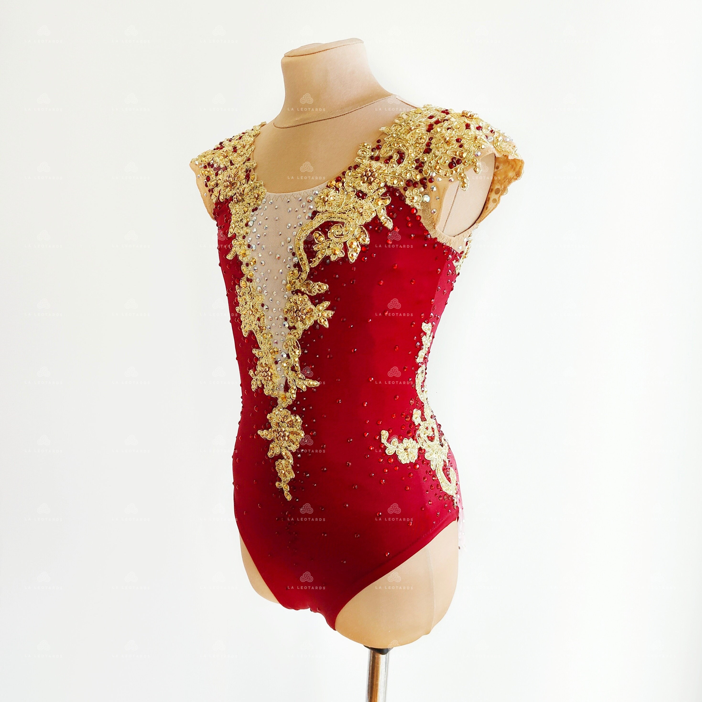 Burgundy red and gold Competition Rhythmic Gymnastics Leotard, Roller skating dress, Show dance dress
