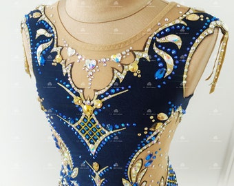 Body da ginnastica ritmica da competizione blu, vestito da pattinaggio a rotelle, spettacolo di danza, vestito da pattinaggio artistico