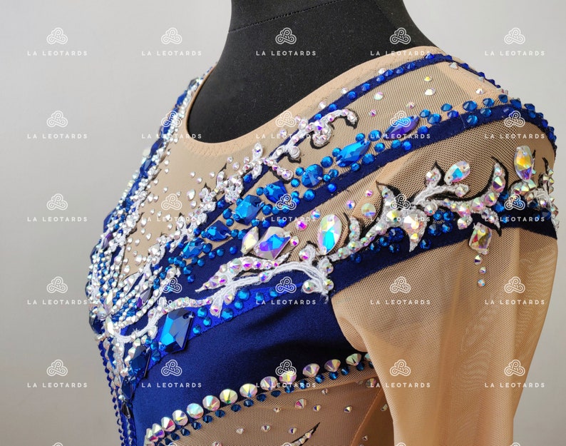 Pu&ograve; includere: Un body blu e bianco con strass e un design floreale. Il body &egrave; realizzato in tessuto trasparente e ha maniche lunghe.