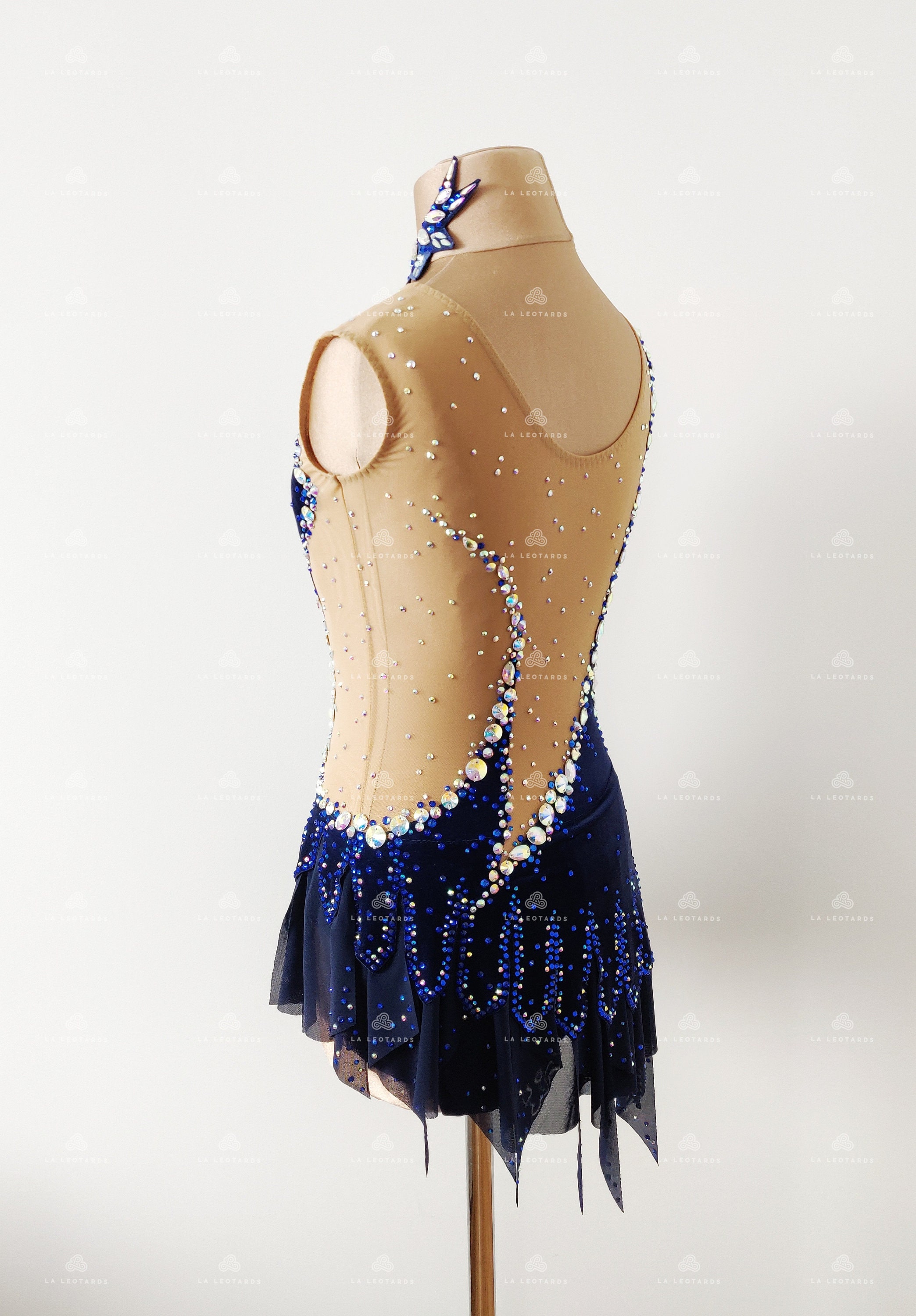 Dark Blue Velour Figure Skating Dress: Rhinestone Show Dance Costume