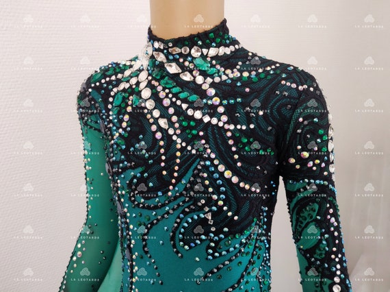 Lace Figure Skating Dress: Green & Black Rhinestone Show Dance Costume