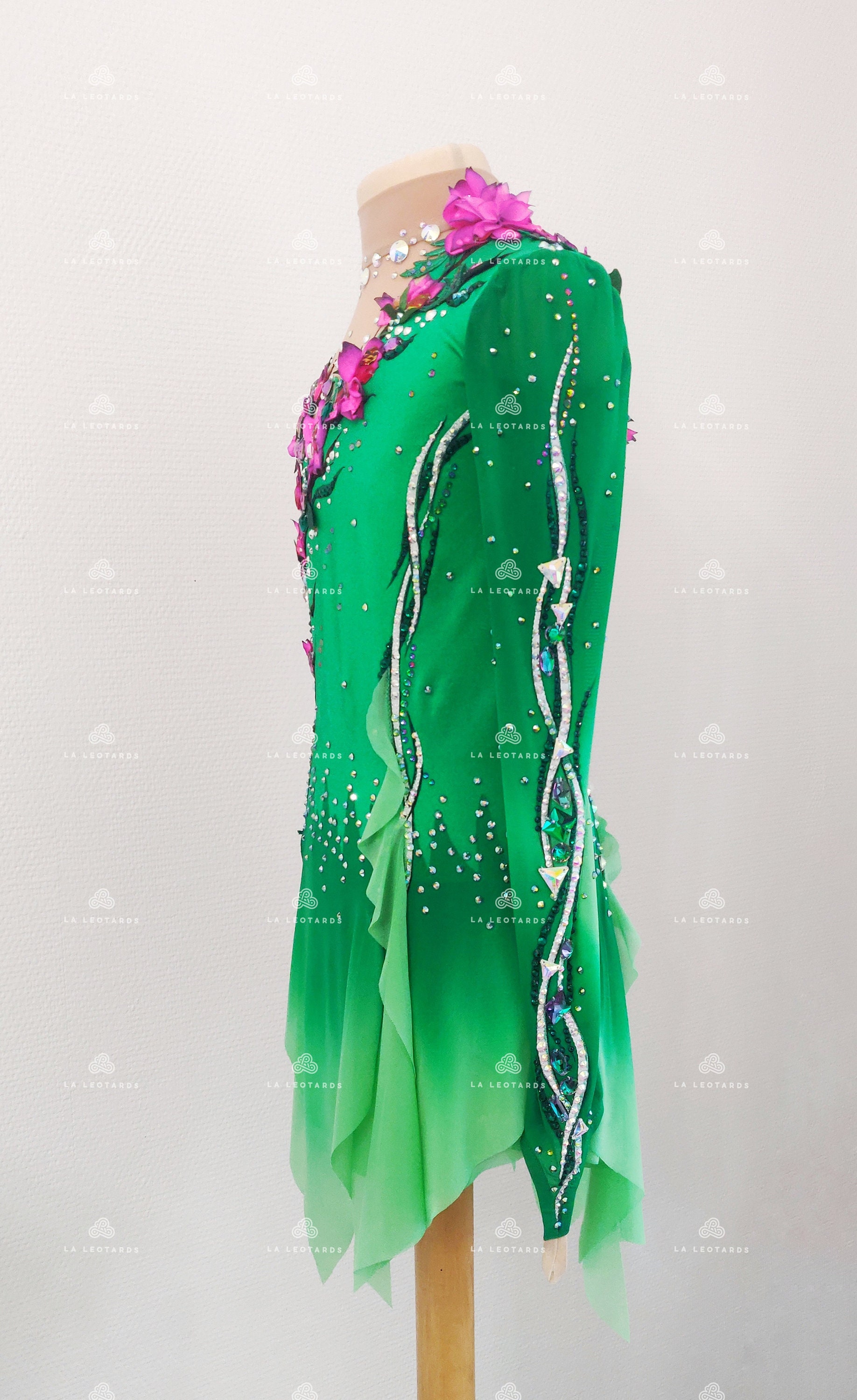 Green Floral Figure Skating Dress: Rhinestone Show Dance Costume Green Floral Figure Skating Dress: Rhinestone Show Dance Costume