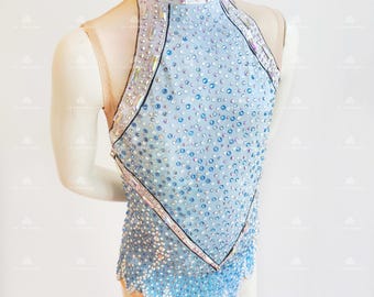 May include: Light blue leotard with a high neck and a halter-style back. The leotard is embellished with iridescent rhinestones and crystals. The neckline and edges are outlined with black trim. The bottom hem has a scalloped edge.