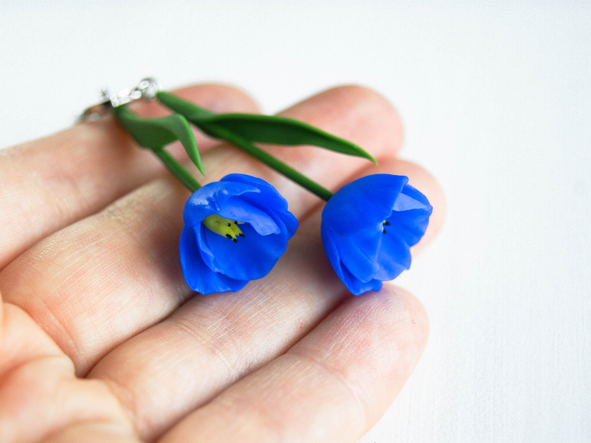 Tulip flower earrings blue dangle botanical earrings Etsy