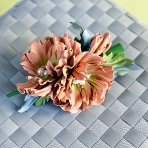 Leather flower hairclip, softly pink and green flower barrette made by Oksana
