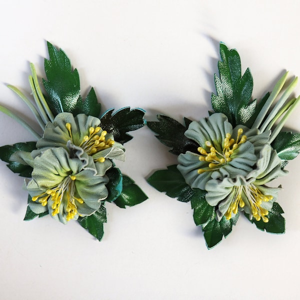 Green leather shoe clips. natural green and yellow flowers crafted by Oksana