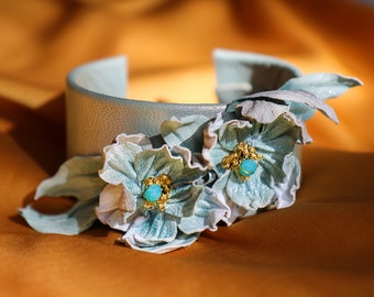 Bridal wrist corsage and earrings made of leather, by Oksana