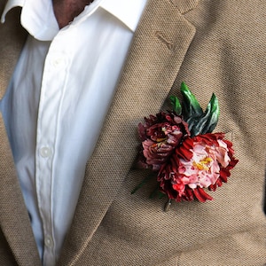 Wedding brooche made of leather, red peonies, made by Oksana