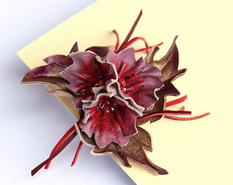 Leather flower brooch, Red flower bouquet, small gift, accessory made by Oksana