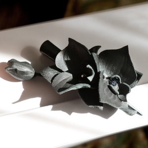 Leather Black orchid, Floral barrette, hair accessories made by Oksana