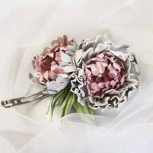 Leather wedding barrette, Peons hairclip made by Oksana
