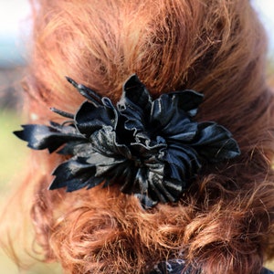 Leather black flower barrette, leather hairclip made by Oksana