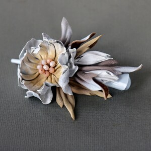 White flower barrette, Leather flower hairclip, wedding hair accessory made by Oksana