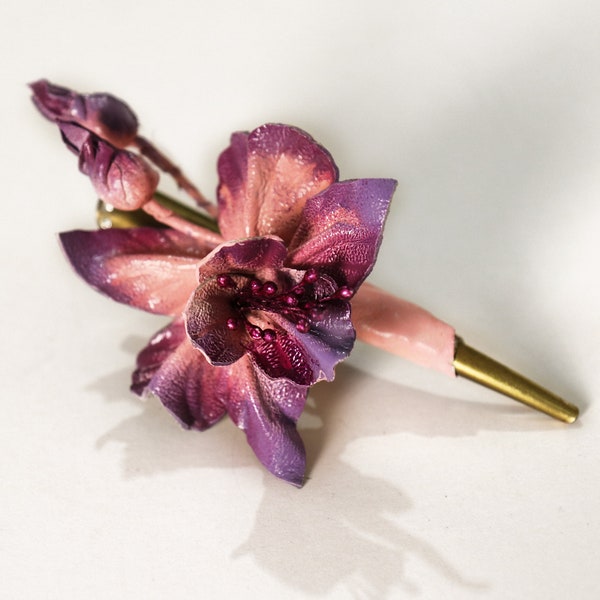 Pink orchid hairclip, Leather flower barrette, accessories made by Oksana