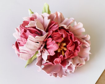 Pink peonies hairclip, Leather wedding barrette,  made by Oksana