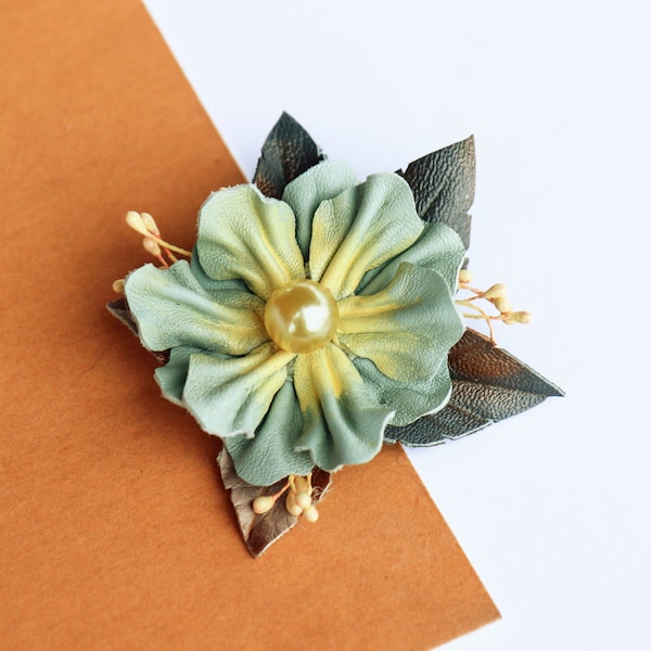 Turquoise leather flower brooche, Handmade accessory made by Oksana