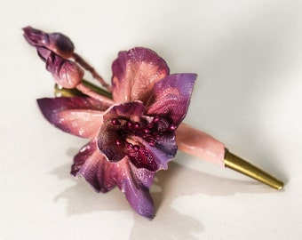 Pink orchid hairclip, Leather flower barrette, accessories made by Oksana