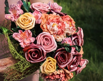 Leather bouquet, Free shipping, colorful pink&red flowers, Free shipping, customizable, made by Oksana)