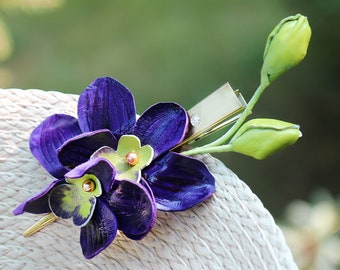 Leather Purple orchid, Floral barrette, hair accessories made by Oksana