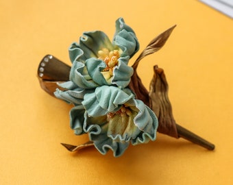 Turquoise magnolias, leather flowers, floral barrette made by Oksana