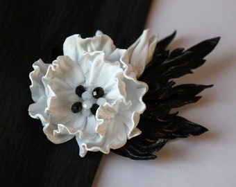 Black and white flower, Leather flower hairclip, wedding hair accessory made by Oksana