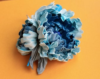 Blue leather peons hair clip, leather flower barrette made by Oksana