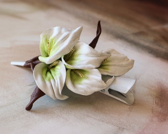 White calla lilies, Leather flower hairclip, wedding hair accessory made by Oksana
