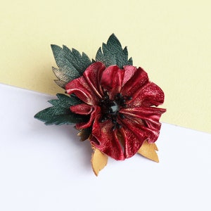 Intense red leather flower, Handmade leather brooche, pinback button brooche, Small gift for women made by Oksana.