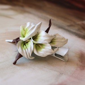 White calla lilies, Leather flower hairclip, wedding hair accessory made by Oksana