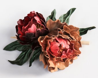 Leather Peony barrette with wooden stick, Leather flower hair ctick made by Oksana