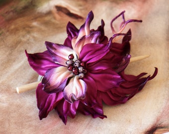 Leather Fuchsia flower barrette/comb/hairclip made by Oksana