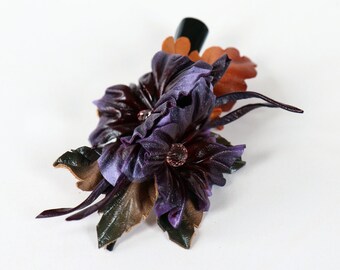 Leather flowers Hairclip, purple flowers barrette, hair accessories made by Oksana