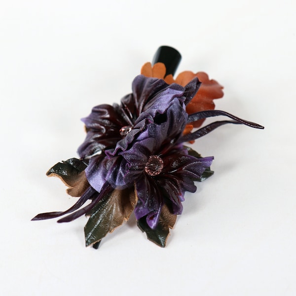 Leather flowers Hairclip, purple flowers barrette, hair accessories made by Oksana
