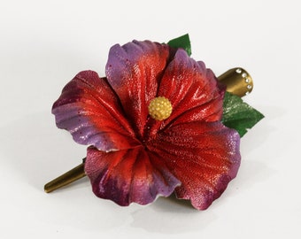 Leren hibiscus haarclip, leren bloemen gemaakt door Oksana