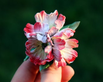 Small Leather barrette, Red flower bouquet, small gift, accessory made by Oksana