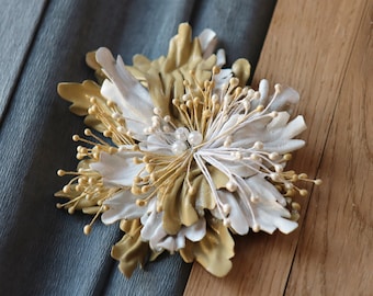 Leather light sienna and white barrette/comb/hairclip made by Oksana