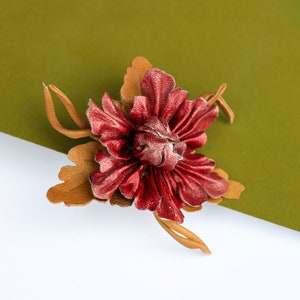 Leather Red Flower pinback button brooche, Women's leather accessory made by Oksana