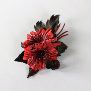 Red leather flowers barrette, Hair clips made by Oxana image 2