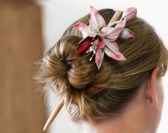 White orchid on wooden stick, Leather flower hair pin, accessories made by Oksana