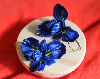 Leather blue iris earrings, unique earrings made by Oksana