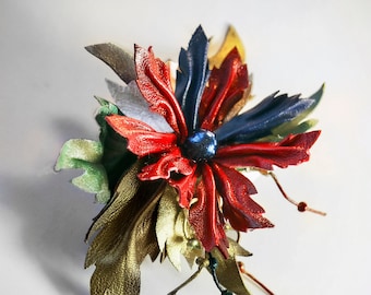 Christmas hairclips, Leather flower in red, gold, green colors Small gift, Barrette made by Oxana .