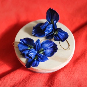 Leather blue iris earrings, unique earrings made by Oksana